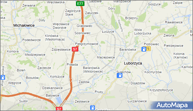 mapa Maciejowice gmina Kocmyrzów-Luborzyca, Maciejowice gmina Kocmyrzów-Luborzyca na mapie Targeo