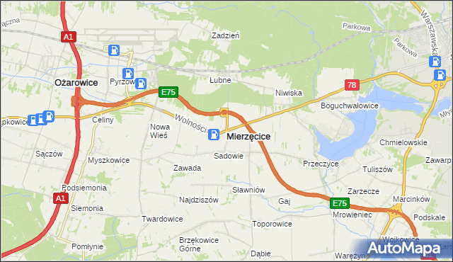 mapa Mierzęcice, Mierzęcice na mapie Targeo