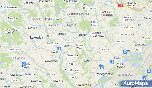 mapa Mokra Wieś gmina Podegrodzie, Mokra Wieś gmina Podegrodzie na mapie Targeo