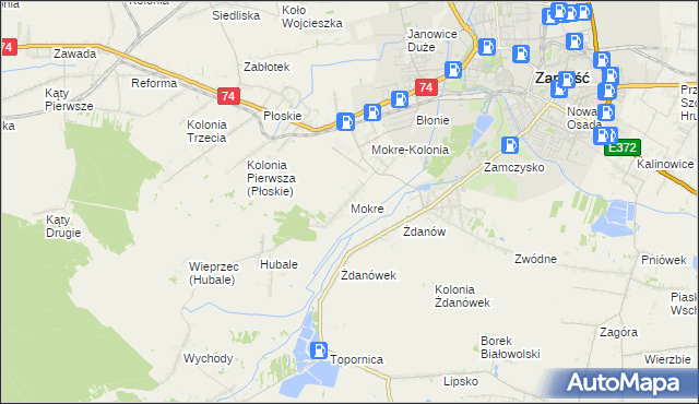 mapa Mokre gmina Zamość, Mokre gmina Zamość na mapie Targeo