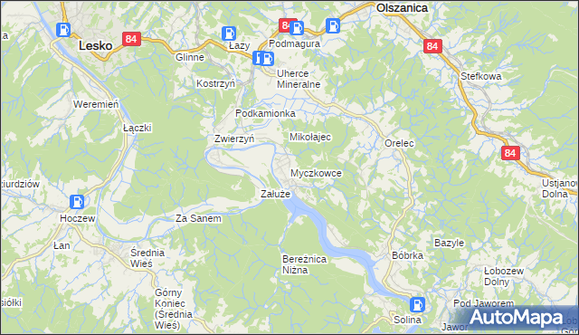 mapa Myczkowce, Myczkowce na mapie Targeo