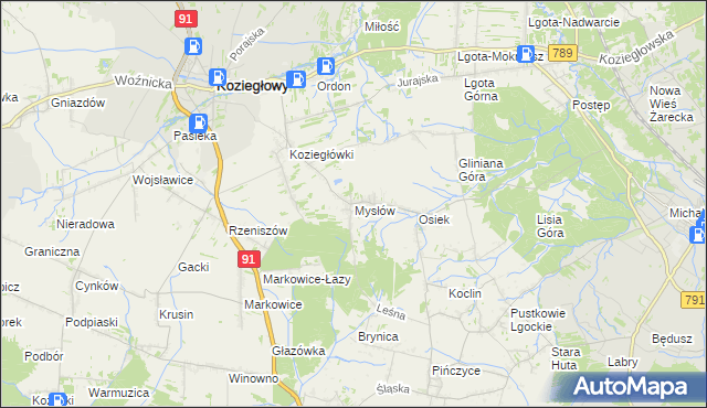 mapa Mysłów gmina Koziegłowy, Mysłów gmina Koziegłowy na mapie Targeo