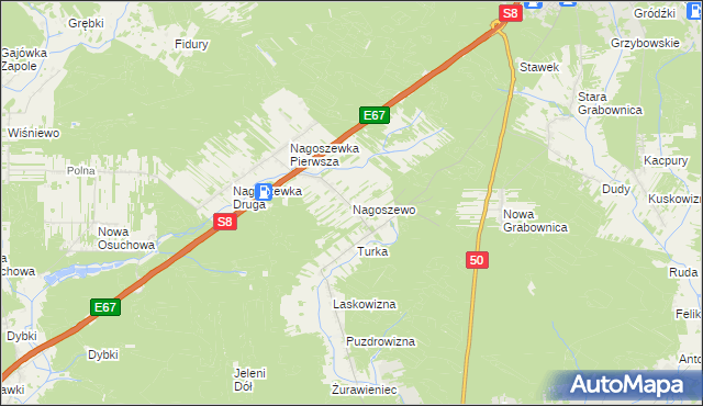 mapa Nagoszewo gmina Ostrów Mazowiecka, Nagoszewo gmina Ostrów Mazowiecka na mapie Targeo