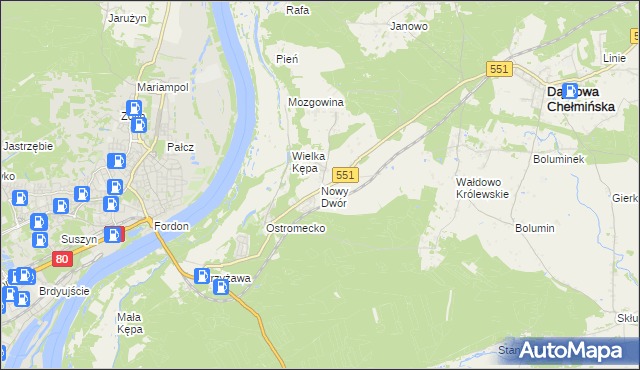 mapa Nowy Dwór gmina Dąbrowa Chełmińska, Nowy Dwór gmina Dąbrowa Chełmińska na mapie Targeo