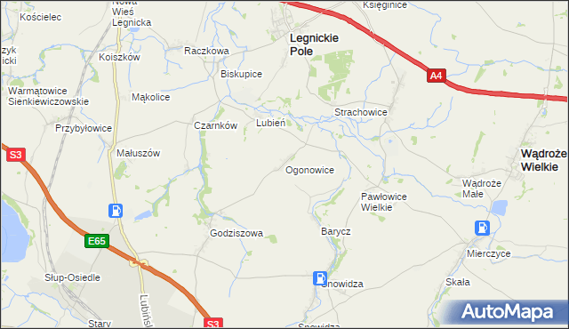 mapa Ogonowice gmina Legnickie Pole, Ogonowice gmina Legnickie Pole na mapie Targeo