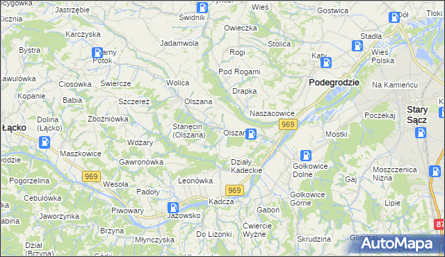mapa Olszanka gmina Podegrodzie, Olszanka gmina Podegrodzie na mapie Targeo