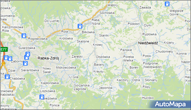 mapa Olszówka gmina Mszana Dolna, Olszówka gmina Mszana Dolna na mapie Targeo