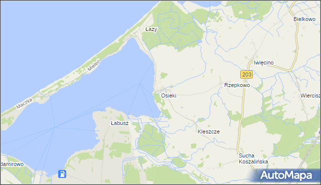 mapa Osieki gmina Sianów, Osieki gmina Sianów na mapie Targeo