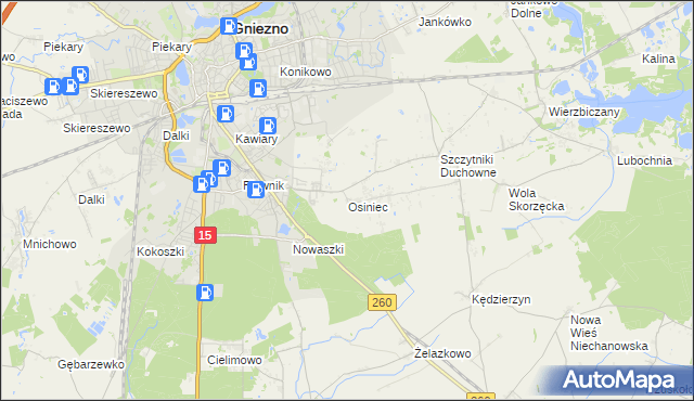 mapa Osiniec gmina Gniezno, Osiniec gmina Gniezno na mapie Targeo