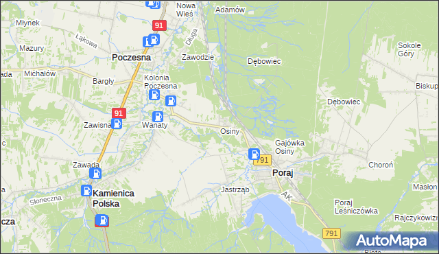 mapa Osiny gmina Kamienica Polska, Osiny gmina Kamienica Polska na mapie Targeo