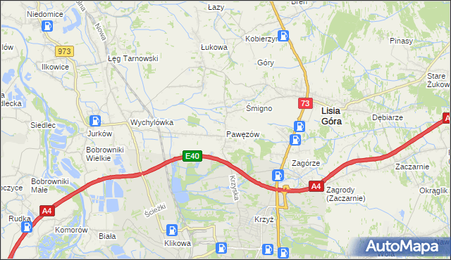 mapa Pawęzów gmina Lisia Góra, Pawęzów gmina Lisia Góra na mapie Targeo