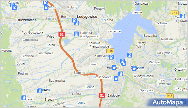 mapa Pietrzykowice gmina Łodygowice, Pietrzykowice gmina Łodygowice na mapie Targeo