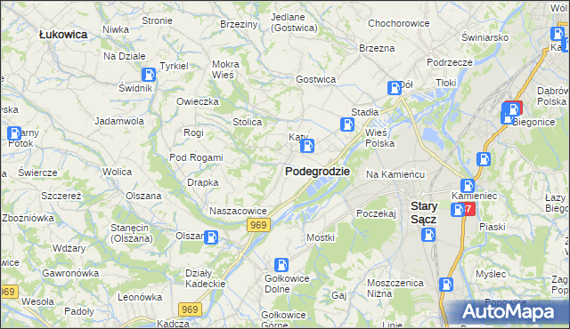 mapa Podegrodzie powiat nowosądecki, Podegrodzie powiat nowosądecki na mapie Targeo