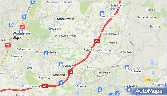 mapa Połomia gmina Mszana, Połomia gmina Mszana na mapie Targeo