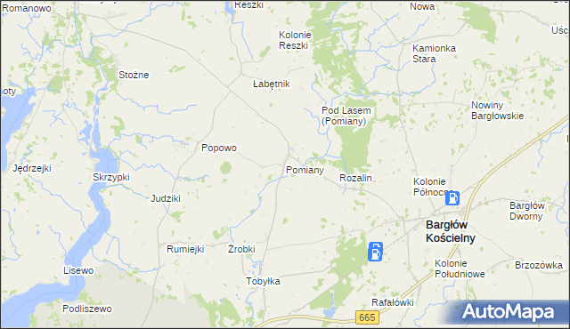 mapa Pomiany gmina Bargłów Kościelny, Pomiany gmina Bargłów Kościelny na mapie Targeo