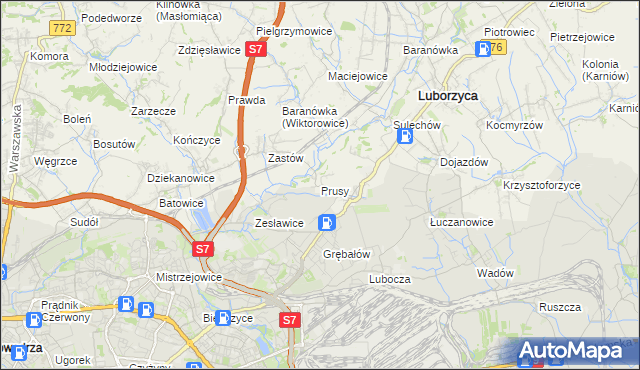 mapa Prusy gmina Kocmyrzów-Luborzyca, Prusy gmina Kocmyrzów-Luborzyca na mapie Targeo