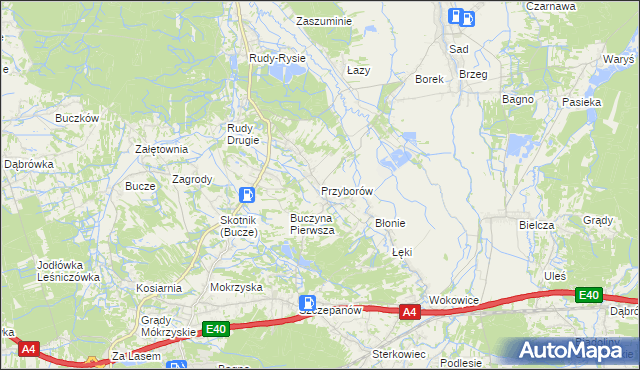 mapa Przyborów gmina Borzęcin, Przyborów gmina Borzęcin na mapie Targeo