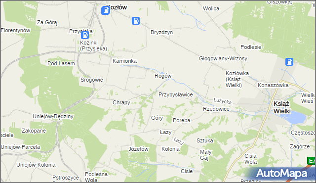 mapa Przybysławice gmina Kozłów, Przybysławice gmina Kozłów na mapie Targeo