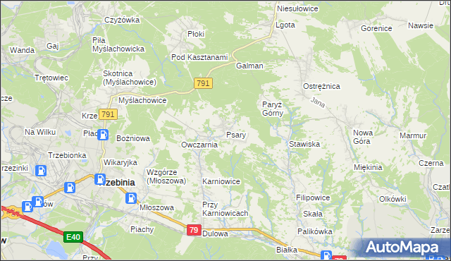 mapa Psary gmina Trzebinia, Psary gmina Trzebinia na mapie Targeo