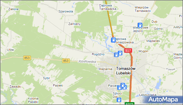 mapa Rogóźno gmina Tomaszów Lubelski, Rogóźno gmina Tomaszów Lubelski na mapie Targeo