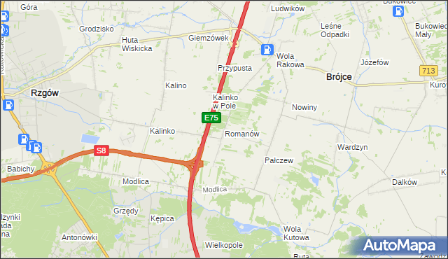 mapa Romanów gmina Rzgów, Romanów gmina Rzgów na mapie Targeo