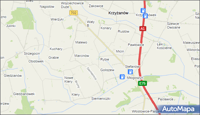 mapa Rybie gmina Krzyżanów, Rybie gmina Krzyżanów na mapie Targeo