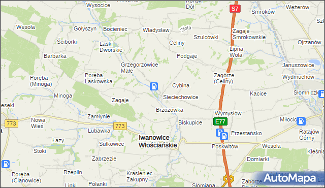 mapa Sieciechowice gmina Iwanowice, Sieciechowice gmina Iwanowice na mapie Targeo