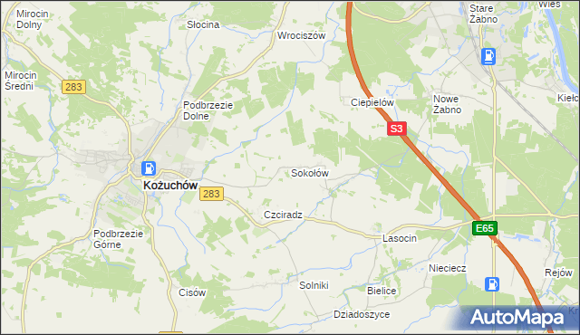 mapa Sokołów gmina Kożuchów, Sokołów gmina Kożuchów na mapie Targeo