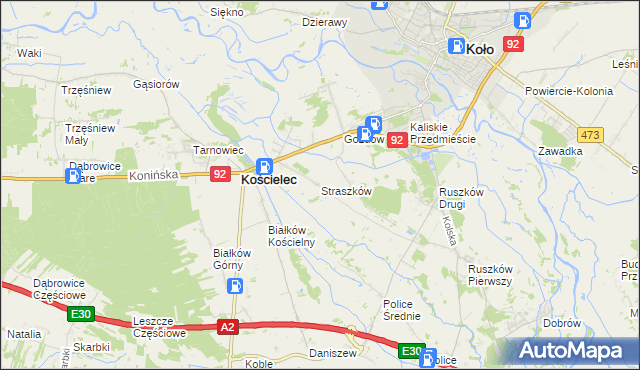 mapa Straszków gmina Kościelec, Straszków gmina Kościelec na mapie Targeo