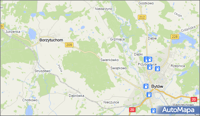 mapa Świerkówko gmina Bytów, Świerkówko gmina Bytów na mapie Targeo