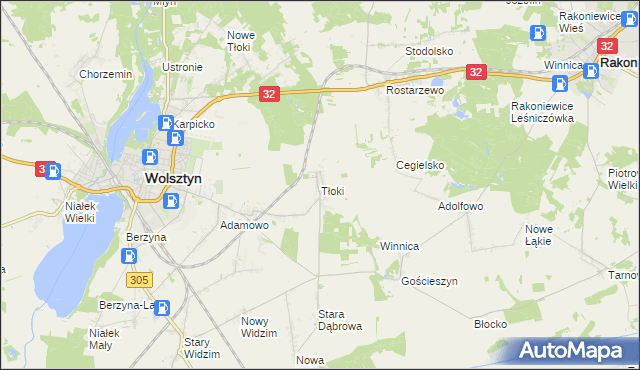 mapa Tłoki gmina Wolsztyn, Tłoki gmina Wolsztyn na mapie Targeo