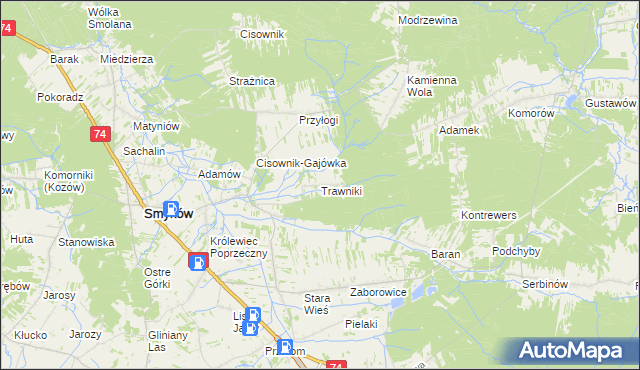mapa Trawniki gmina Smyków, Trawniki gmina Smyków na mapie Targeo