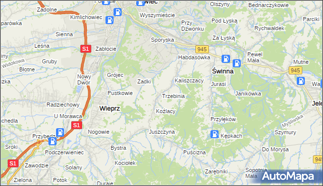 mapa Trzebinia gmina Świnna, Trzebinia gmina Świnna na mapie Targeo