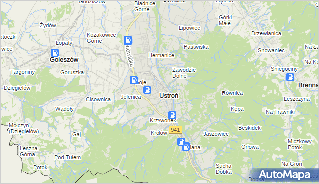 mapa Ustroń powiat cieszyński, Ustroń powiat cieszyński na mapie Targeo