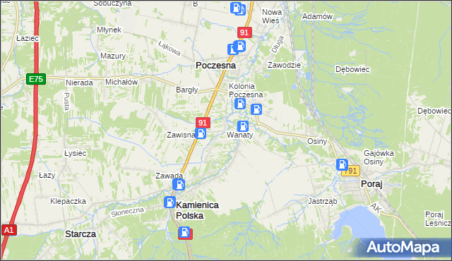 mapa Wanaty gmina Kamienica Polska, Wanaty gmina Kamienica Polska na mapie Targeo