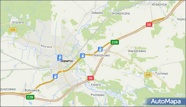 mapa Warszkowo gmina Sławno, Warszkowo gmina Sławno na mapie Targeo