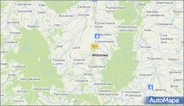 mapa Wiśniowa powiat myślenicki, Wiśniowa powiat myślenicki na mapie Targeo