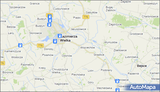 mapa Wojciechów gmina Kazimierza Wielka, Wojciechów gmina Kazimierza Wielka na mapie Targeo