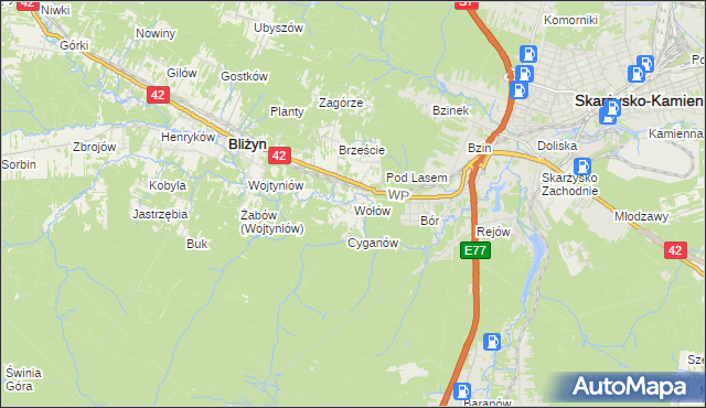 mapa Wołów gmina Bliżyn, Wołów gmina Bliżyn na mapie Targeo