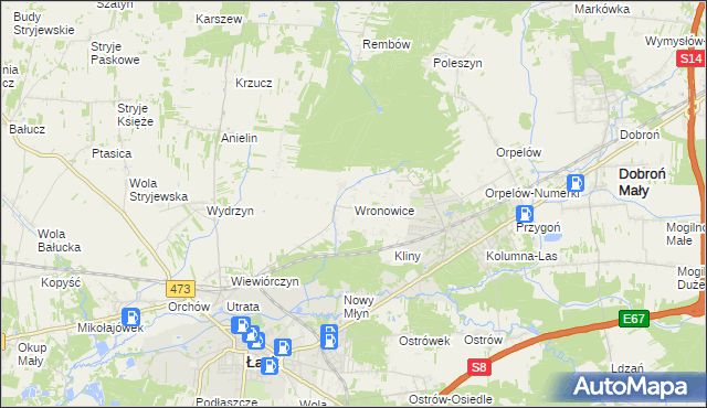 mapa Wronowice gmina Łask, Wronowice gmina Łask na mapie Targeo