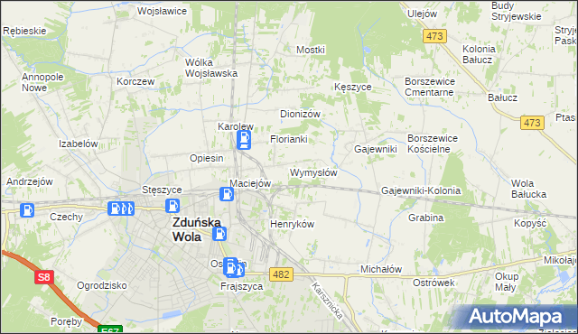 mapa Wymysłów gmina Zduńska Wola, Wymysłów gmina Zduńska Wola na mapie Targeo