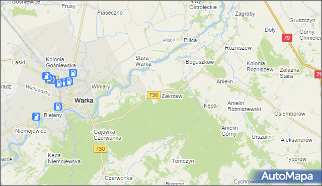 mapa Zakrzew gmina Grabów nad Pilicą, Zakrzew gmina Grabów nad Pilicą na mapie Targeo