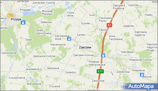 mapa Zakrzew powiat radomski, Zakrzew powiat radomski na mapie Targeo
