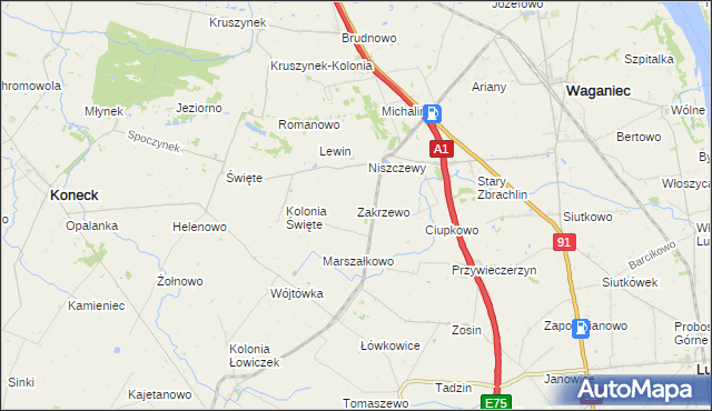 mapa Zakrzewo gmina Waganiec, Zakrzewo gmina Waganiec na mapie Targeo