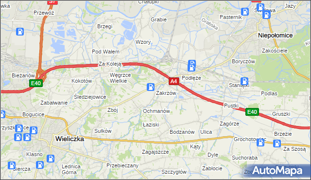 mapa Zakrzów gmina Niepołomice, Zakrzów gmina Niepołomice na mapie Targeo
