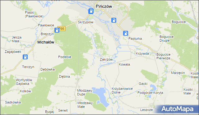 mapa Zakrzów gmina Pińczów, Zakrzów gmina Pińczów na mapie Targeo