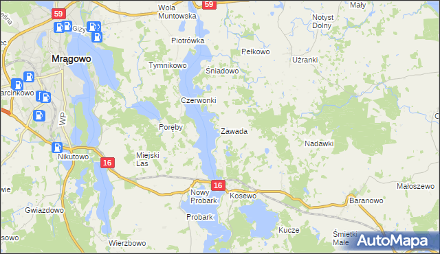 mapa Zawada gmina Mrągowo, Zawada gmina Mrągowo na mapie Targeo