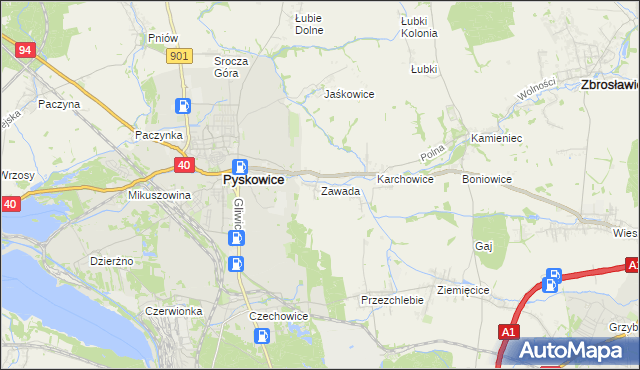 mapa Zawada gmina Zbrosławice, Zawada gmina Zbrosławice na mapie Targeo