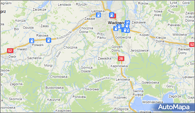 mapa Zawadka gmina Wadowice, Zawadka gmina Wadowice na mapie Targeo