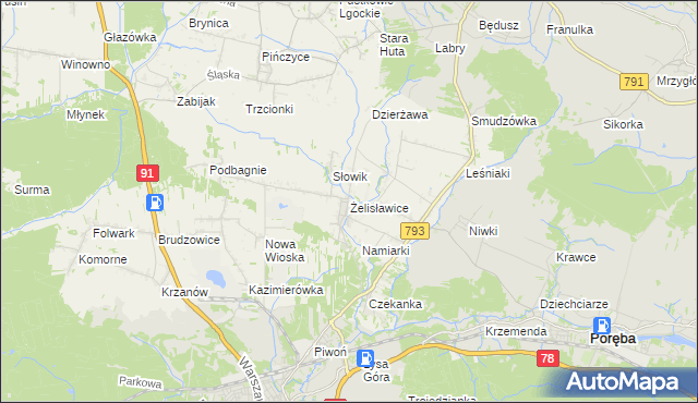 mapa Żelisławice gmina Siewierz, Żelisławice gmina Siewierz na mapie Targeo